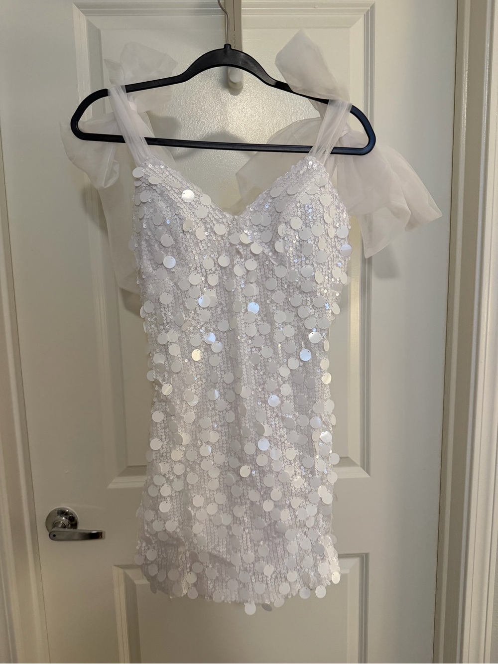White Sequin Tulle Strap Dress